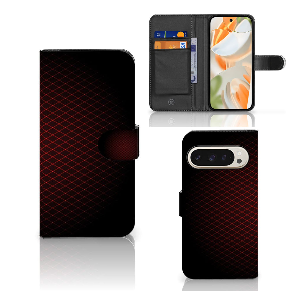 Google Pixel 9 | 9 Pro Telefoon Hoesje Geruit Rood met ruimte voor 3 pasjes in minimalistisch ontwerp.