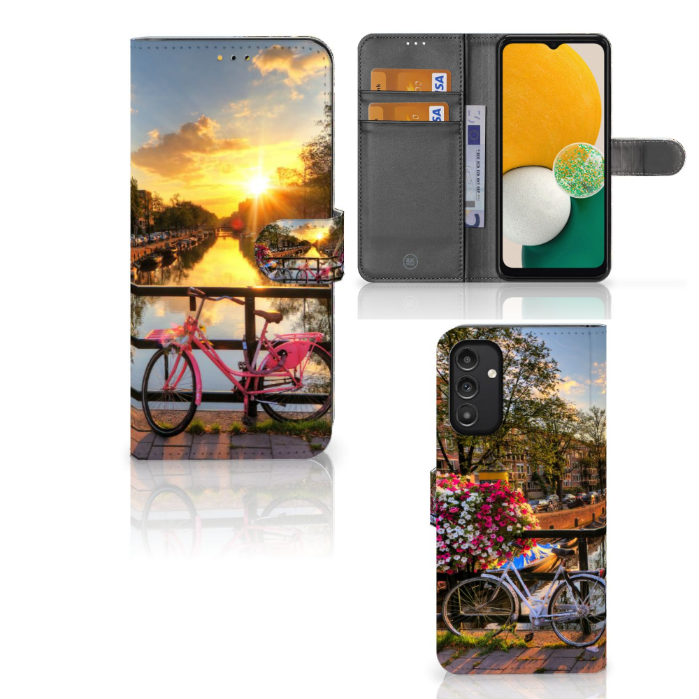 Samsung Galaxy A14 5G Flip Cover Amsterdamse Grachten met afbeeldingen van Amsterdamse fietsen en grachten.