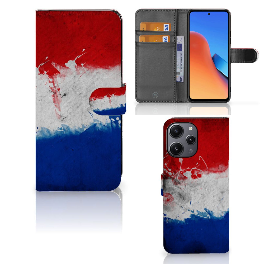 Xiaomi Redmi 12 Bookstyle Case Nederland met pasjes en design van de Nederlandse vlag.