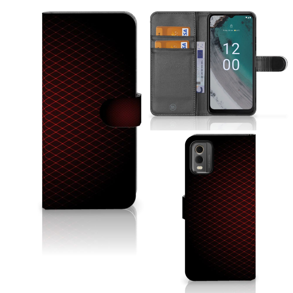 Nokia C32 Telefoon Hoesje Geruit Rood met drie pasjes vakken, minimalistisch en krachtig design.