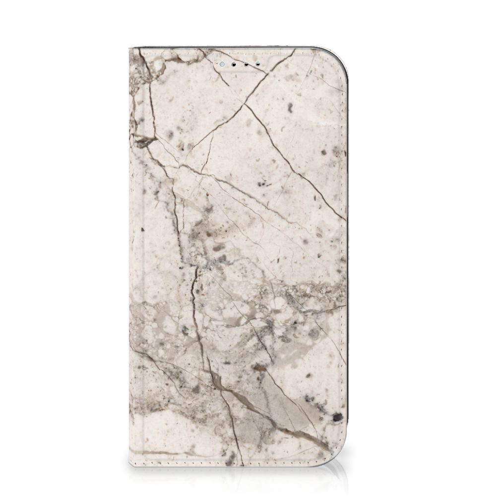 iPhone 15 Standcase Marmer Beige met een stijlvol marmerdesign, perfect voor kunstliefhebbers đ¨.