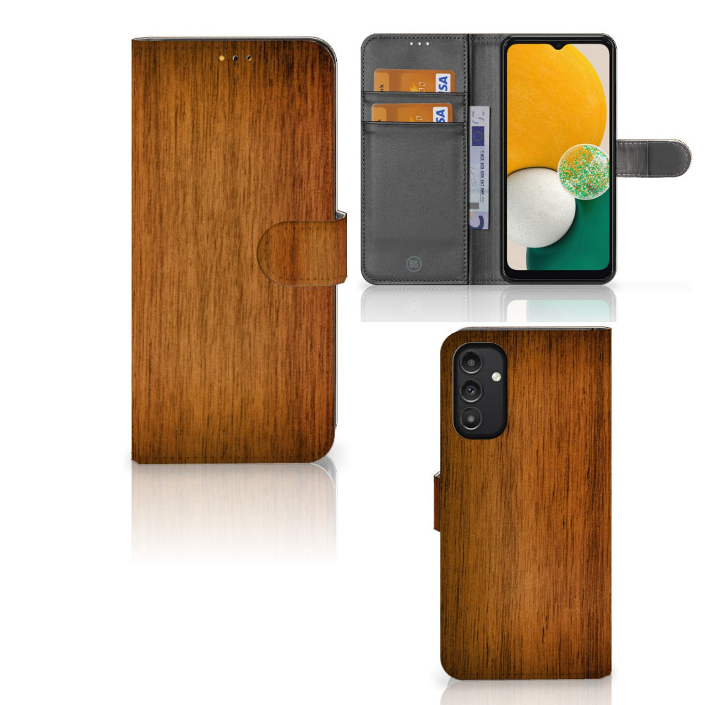 Samsung Galaxy A14 5G Book Style Case Donker Hout met pasjeshouder en houten print