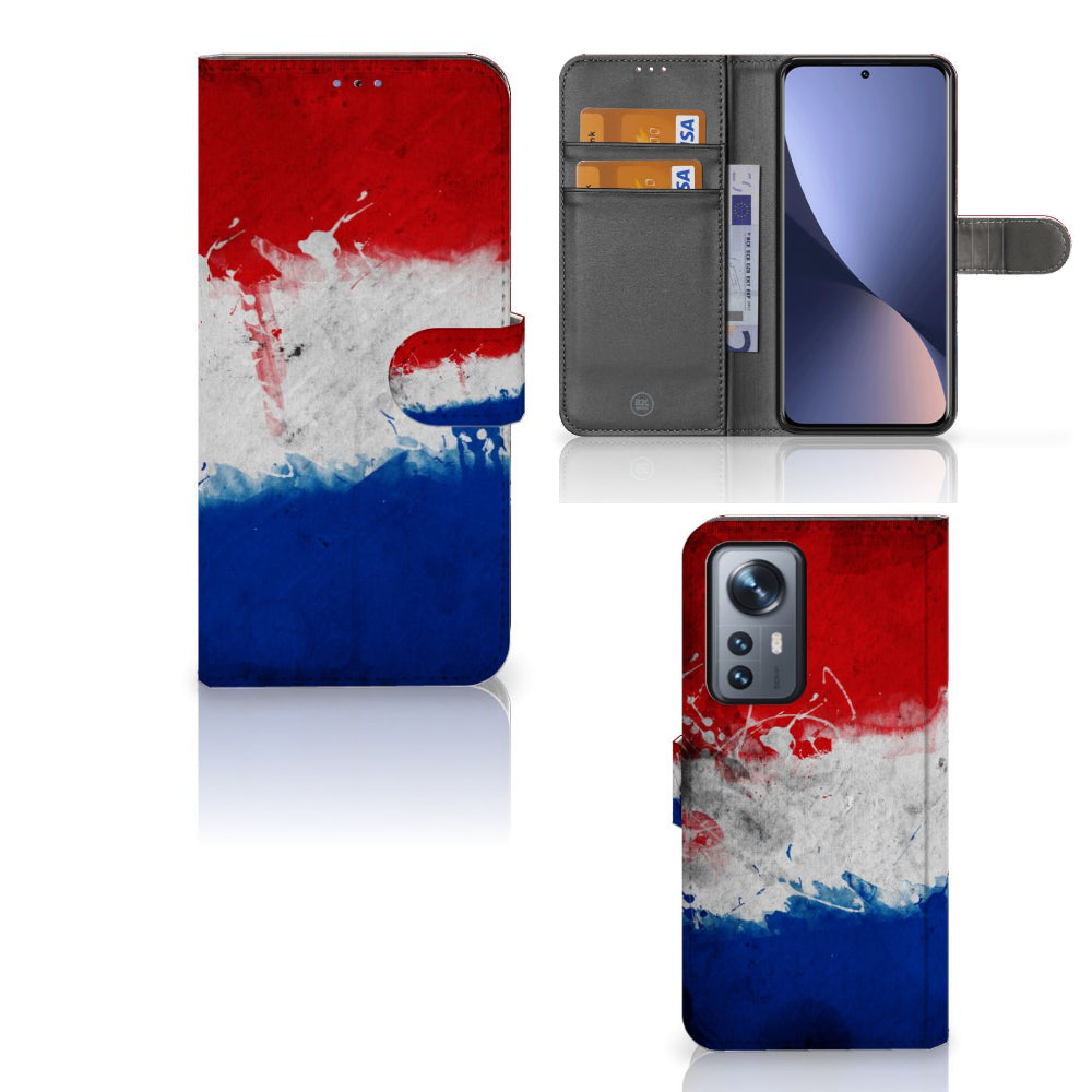 Xiaomi 12 Pro Bookstyle Case Nederland met artistiek design van de Nederlandse vlag en pasjeshouder.