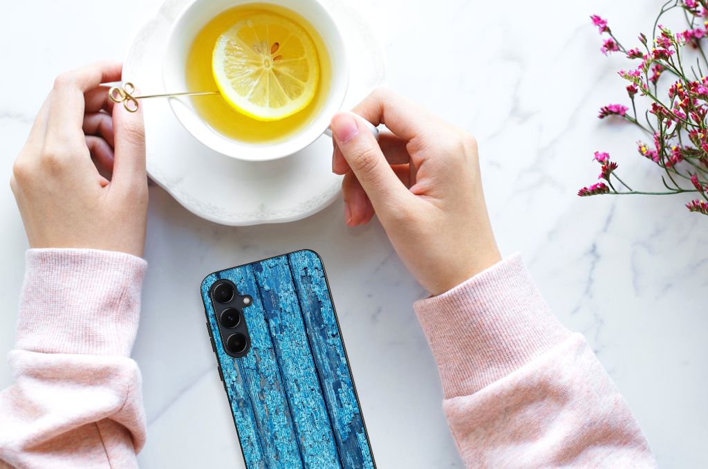Samsung Galaxy A55 Houten Print Telefoonhoesje Wood Blue B2C Telecom