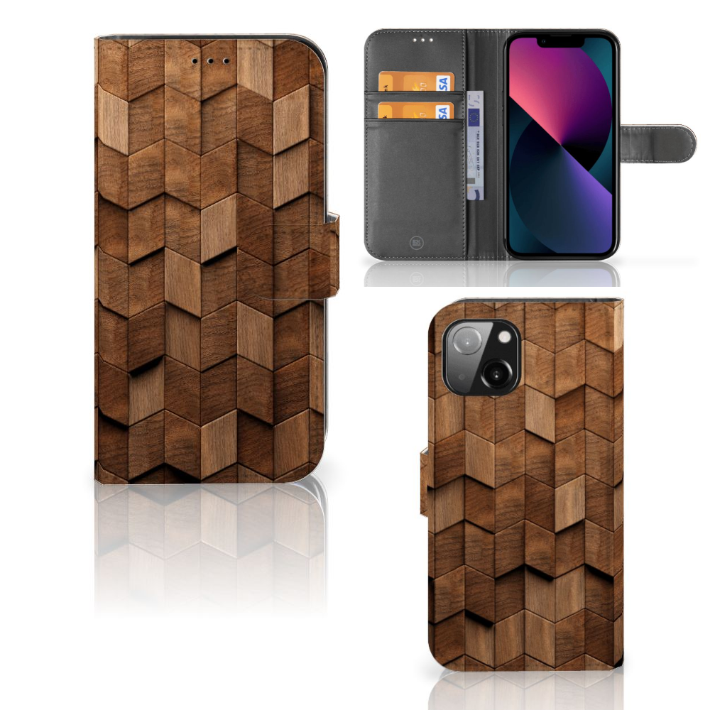 Book Style Case voor Apple iPhone 13 Wooden Cubes met unieke houten kubusprint đą