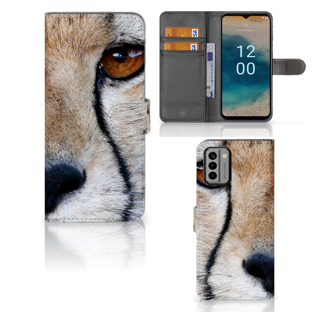 Nokia G22 Telefoonhoesje met Pasjes Cheetah close-up van cheeta gezicht en interieur met pasjes ruimte