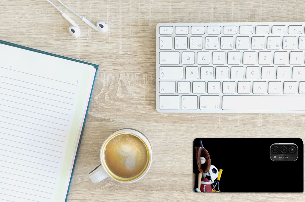 OPPO A54 5G | A74 5G | A93 5G Hippe Standcase Sports design on a desk with coffee and keyboard.