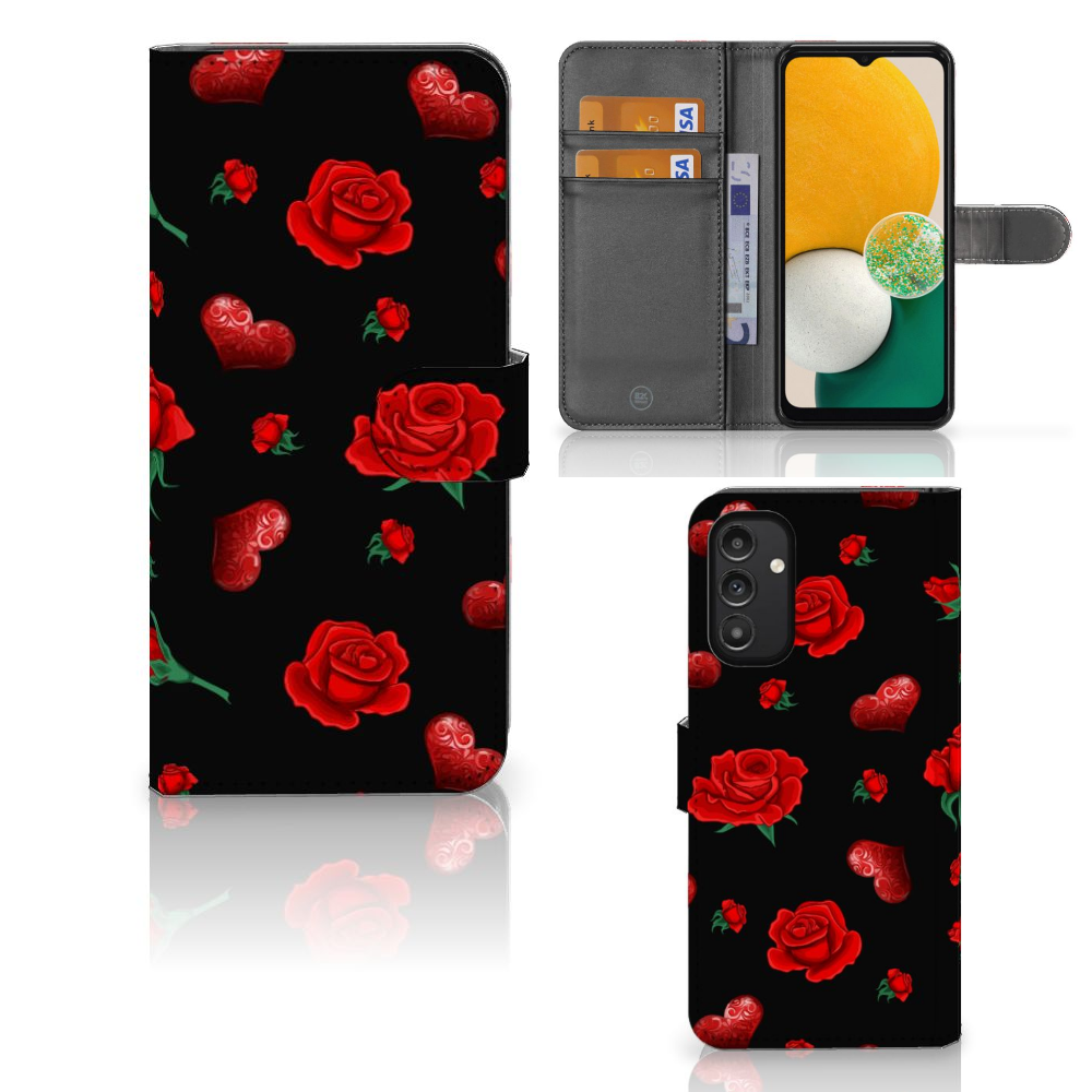 Samsung Galaxy A14 4G Leuk Hoesje Valentine met rozen en hartjes op zwarte achtergrond.