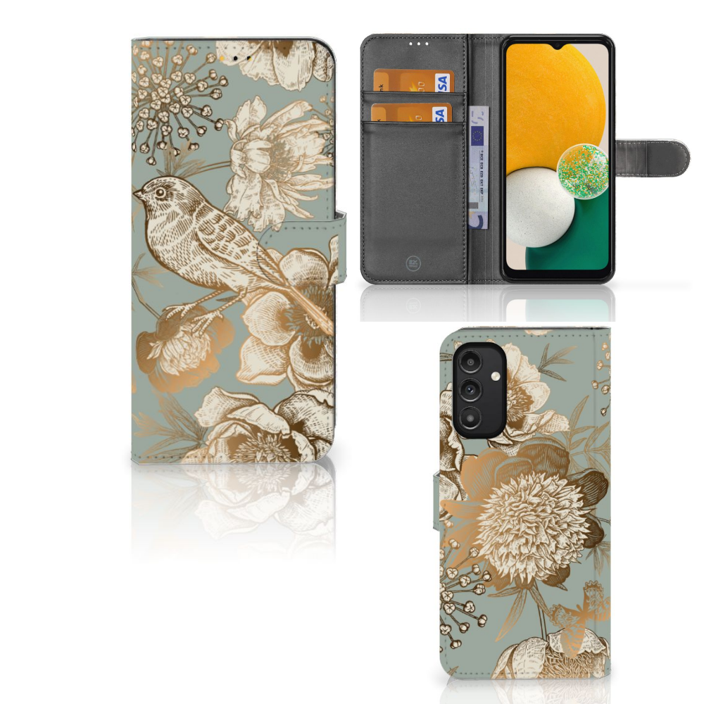 Hoesje voor Samsung Galaxy A14 5G Vintage Bird Flowers met bloemen en vogels, ideaal voor een chique uitstraling.