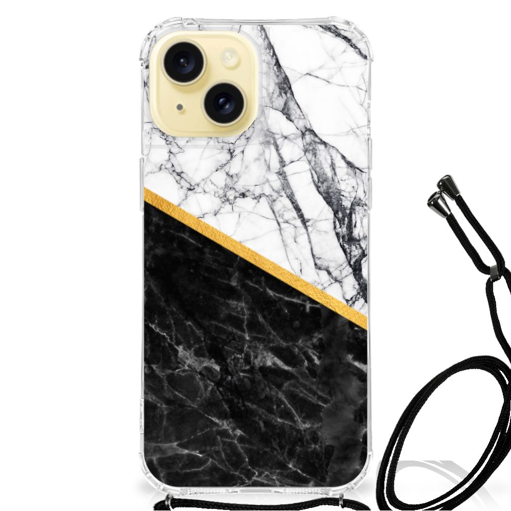 Apple iPhone 15 Anti-Shock Hoesje Marmer Wit Zwart - Origineel Cadeau Man
