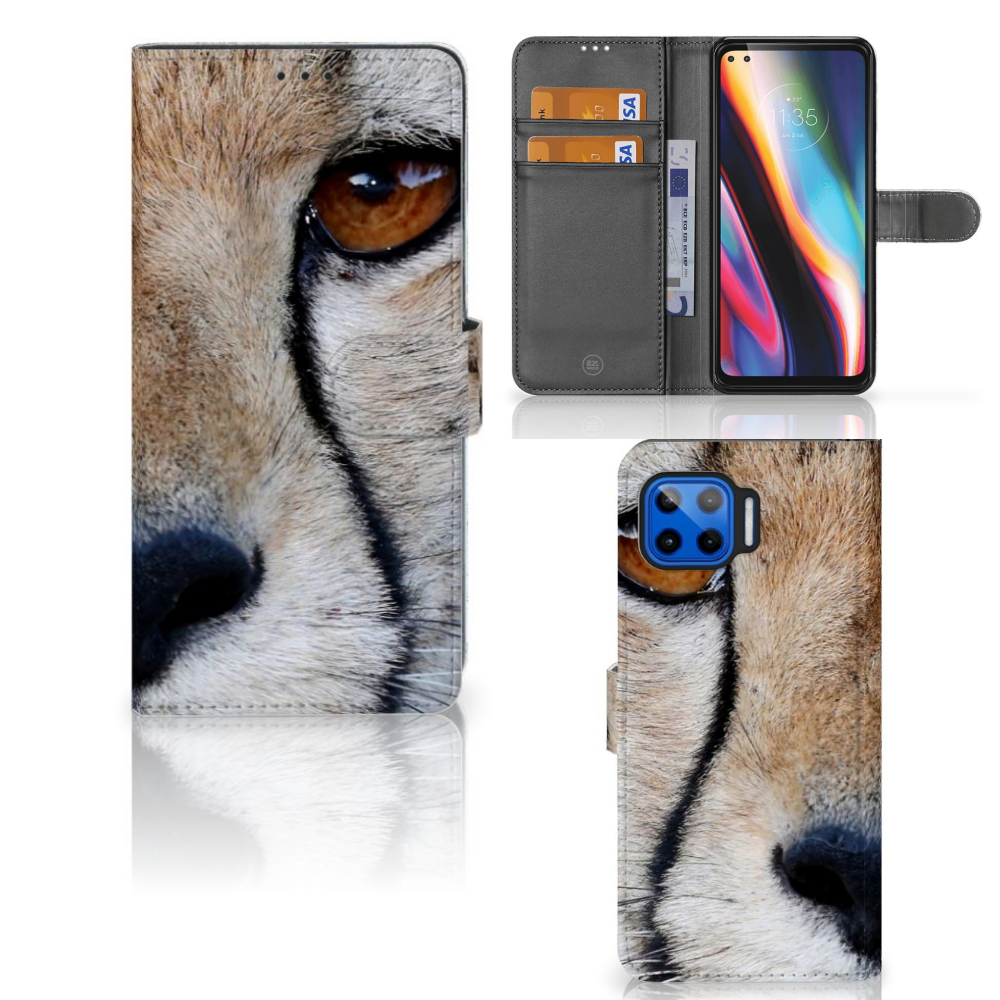 Motorola Moto G 5G Plus Telefoonhoesje met Pasjes Cheetah met close-up van cheetah gezicht en pasjes ruimte.