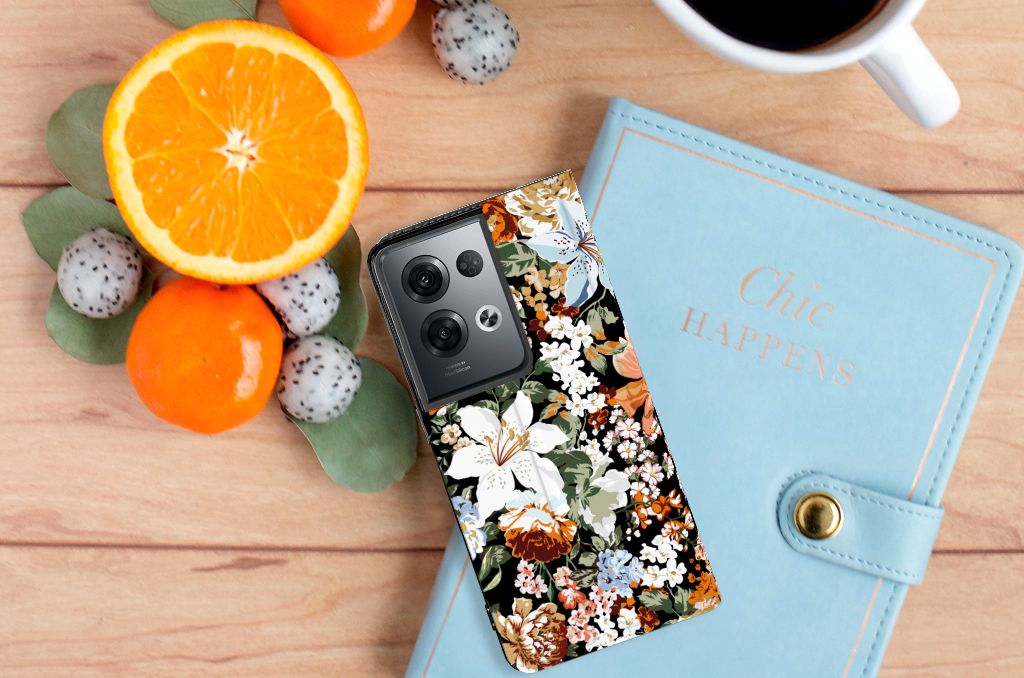 Smart Cover voor OPPO Reno8 Pro Dark Flowers - B2C Telecom
