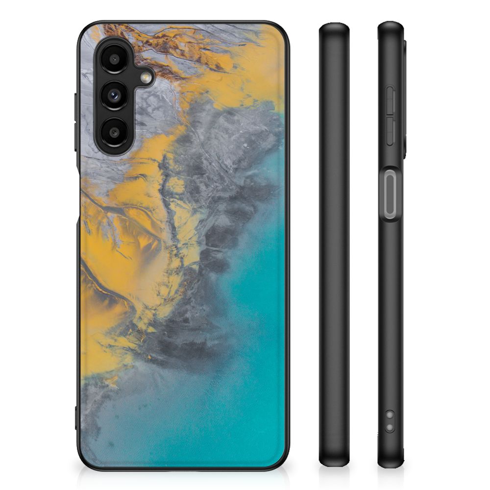 Samsung Galaxy A14 5G Marmeren Print Telefoonhoesje Marble Blue Gold met stenen print en TPU materiaal.