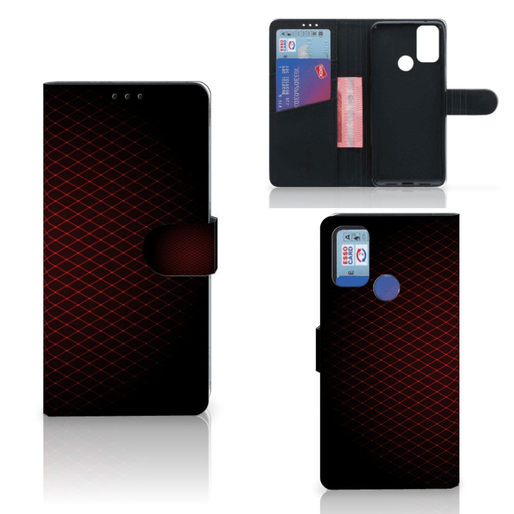 Alcatel 1S (2021) Telefoon Hoesje Geruit Rood met ruimte voor 3 pasjes, minimalistisch en strak design.