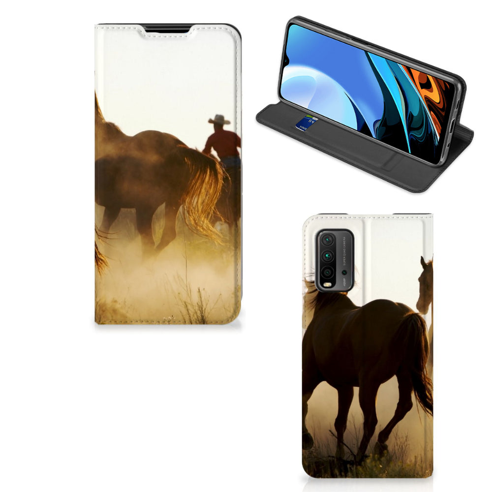 Xiaomi Poco M3 | Redmi 9T Hoesje maken Design Cowboy met paardenafbeelding en cowboy op het veld