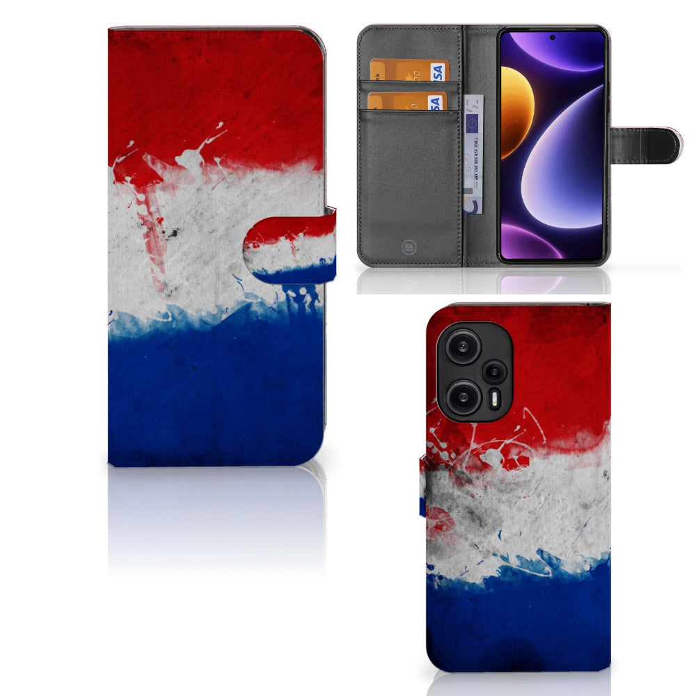 Xiaomi Poco F5 Bookstyle Case Nederland met ontwerp van de Nederlandse vlag, multifunctioneel en stijlvol.