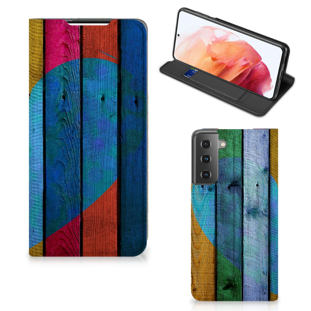 Samsung Galaxy S21 Book Wallet Case Wood Heart - Cadeau voor je Vriend - B2C Telecom