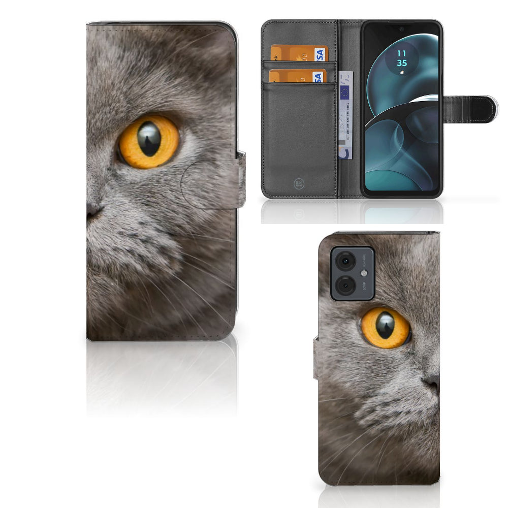 Telefoonhoesje met Pasjes Motorola Moto G14 Britse Korthaar, met mooie afbeelding van Britse korthaar kat.