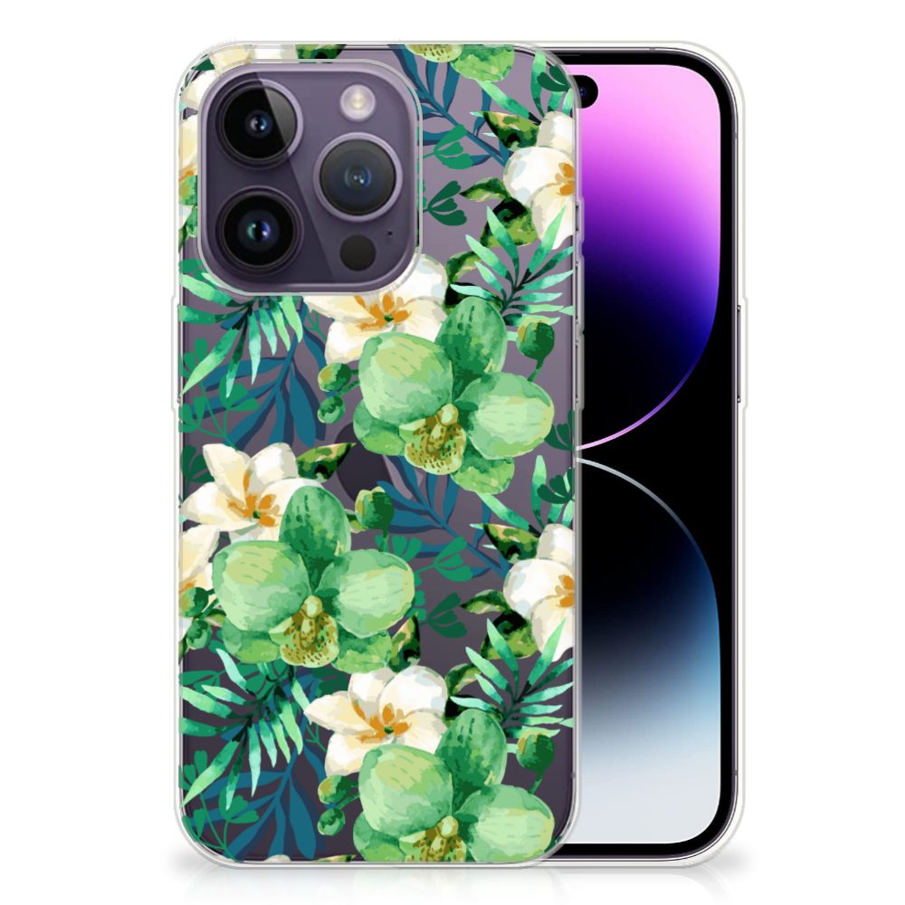 Apple iPhone 14 Pro TPU Case Orchidee Groen met een prachtig bloemdesign en transparante randen đ¸