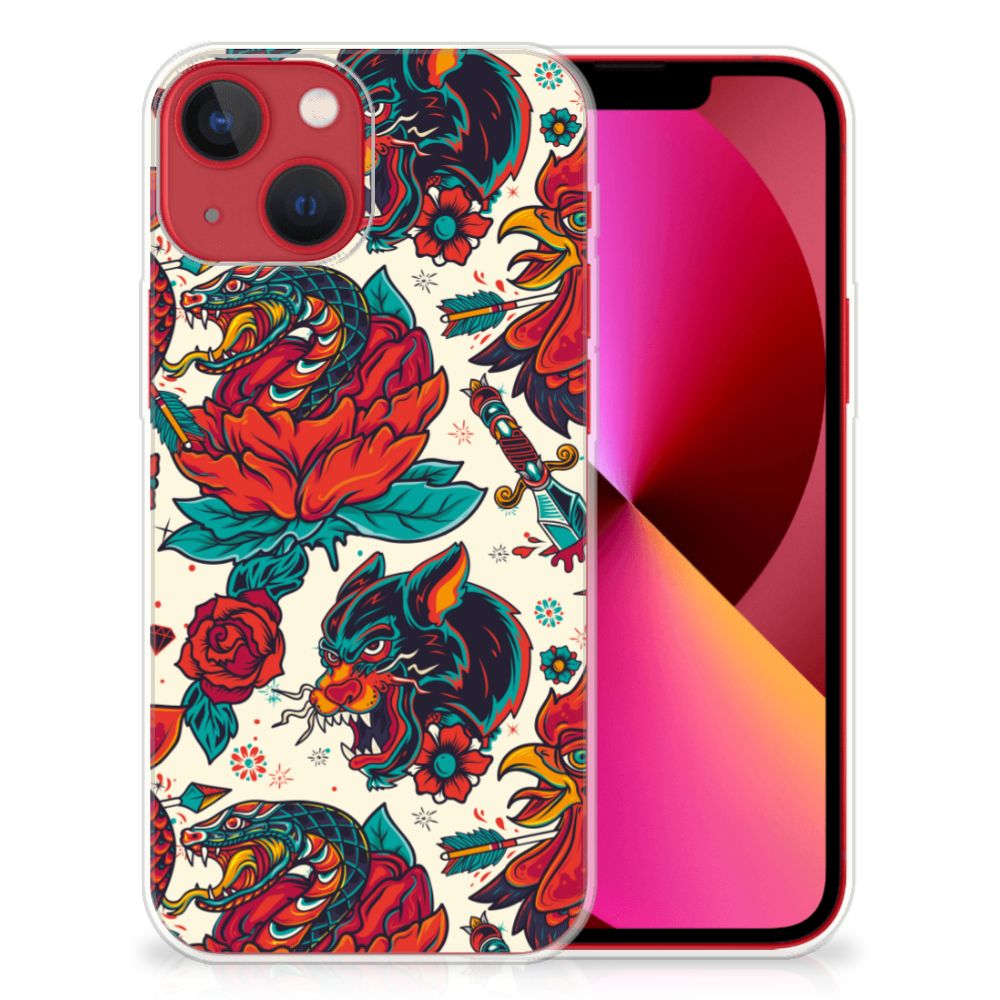 Siliconen Hoesje met foto voor Apple iPhone 13 Old Skool met kleurrijke tattoo-achtige print van rozen en draken đšđ.