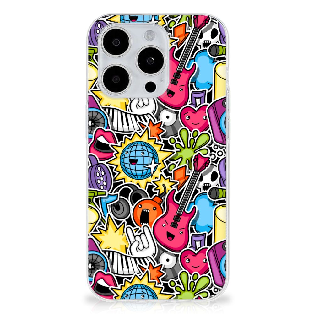 iPhone 15 Pro Silicone Back Cover Punk Rock met kleurrijk muziekdesign en elementen zoals gitaren đ¸ en disco's.