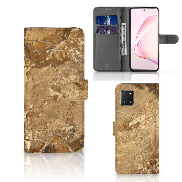 Samsung Note 10 Lite Bookcase Marmer Creme, luxe bookcase met marmerlook, TPU-siliconen en kunstleren buitenkant.