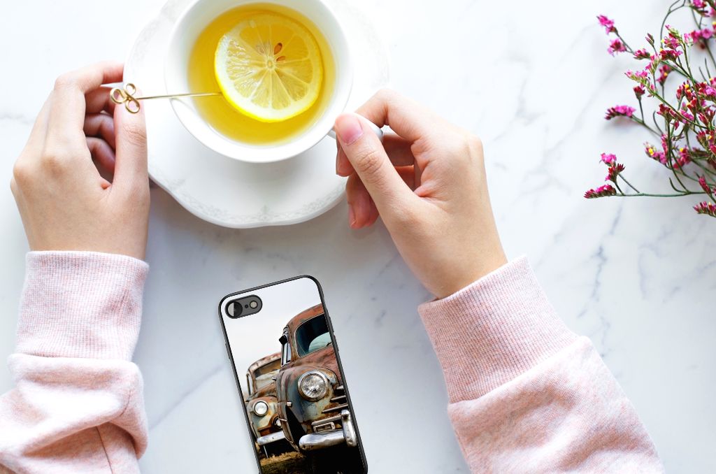 iPhone SE 2022 | SE 2020 | 7/8 Silicone Back Case Vintage Auto on table with hands and a cup of tea.