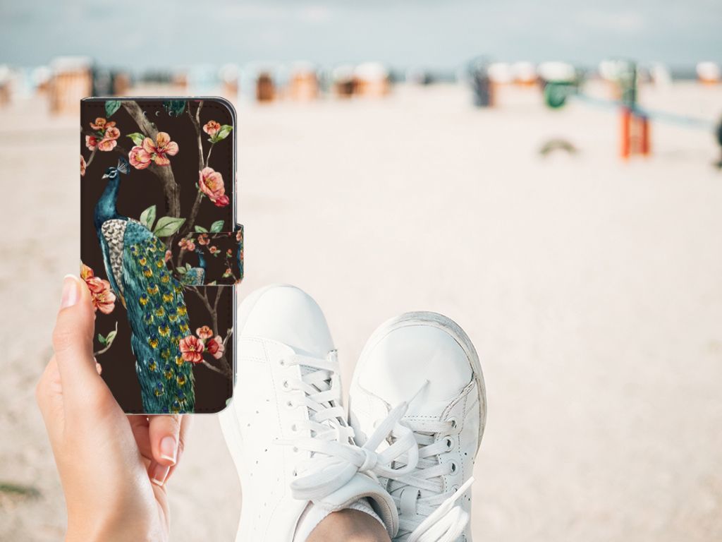 Samsung Galaxy M10 Telefoonhoesje met Pasjes Pauw met Bloemen