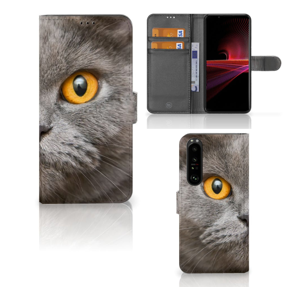 Telefoonhoesje met Pasjes Sony Xperia 1 III Britse Korthaar met opvallende gele ogen en ruimte voor pasjes