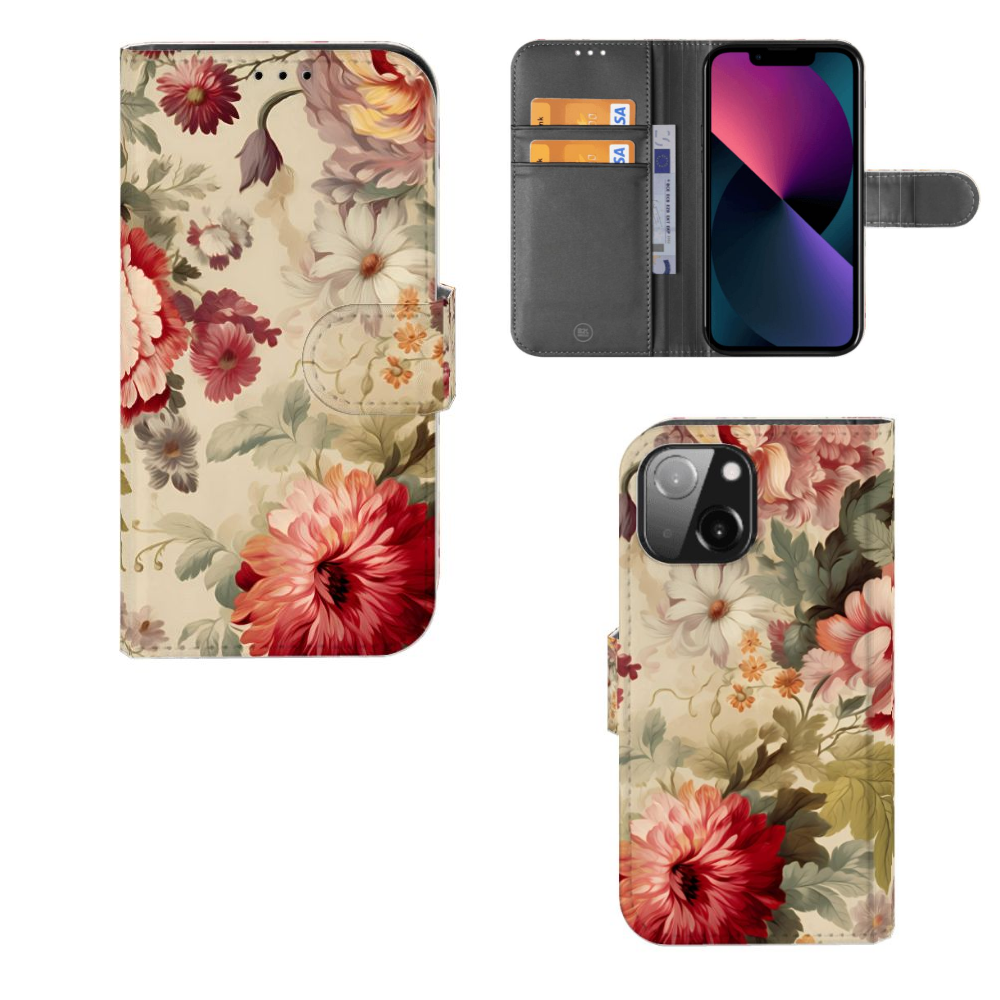 Hoesje voor iPhone 13 Mini Bloemen met romantische bloemenprint en ruimte voor drie pasjes đ¸