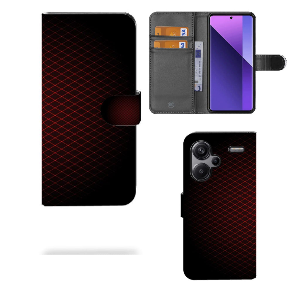 Xiaomi Redmi Note 13 Pro Plus Telefoon Hoesje Geruit Rood met ruimte voor 3 pasjes en minimalistisch design.