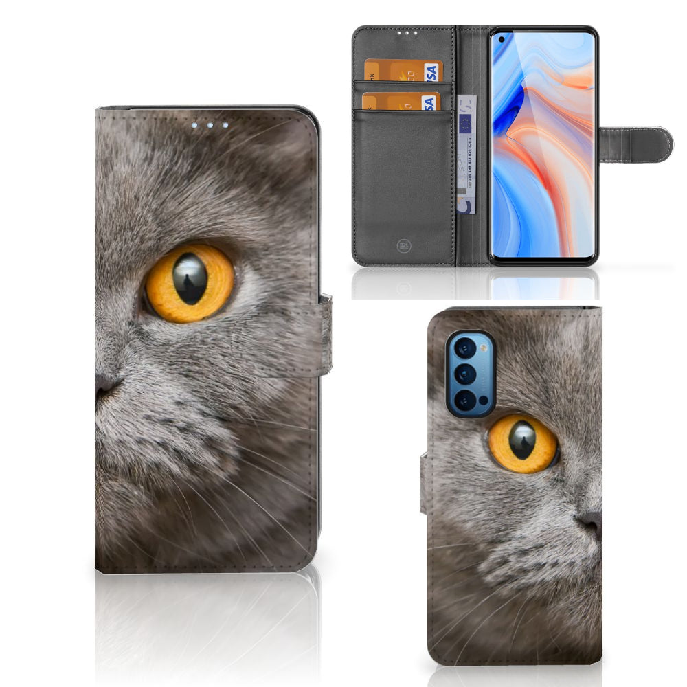 Telefoonhoesje met Pasjes OPPO Reno 4 Pro 5G Britse Korthaar met afbeelding van grijze kat en gele ogen