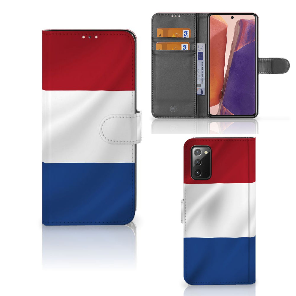 Samsung Galaxy Note 20 Bookstyle Case Nederlandse Vlag met pasjes en artistiek ontwerp van de Nederlandse vlag.