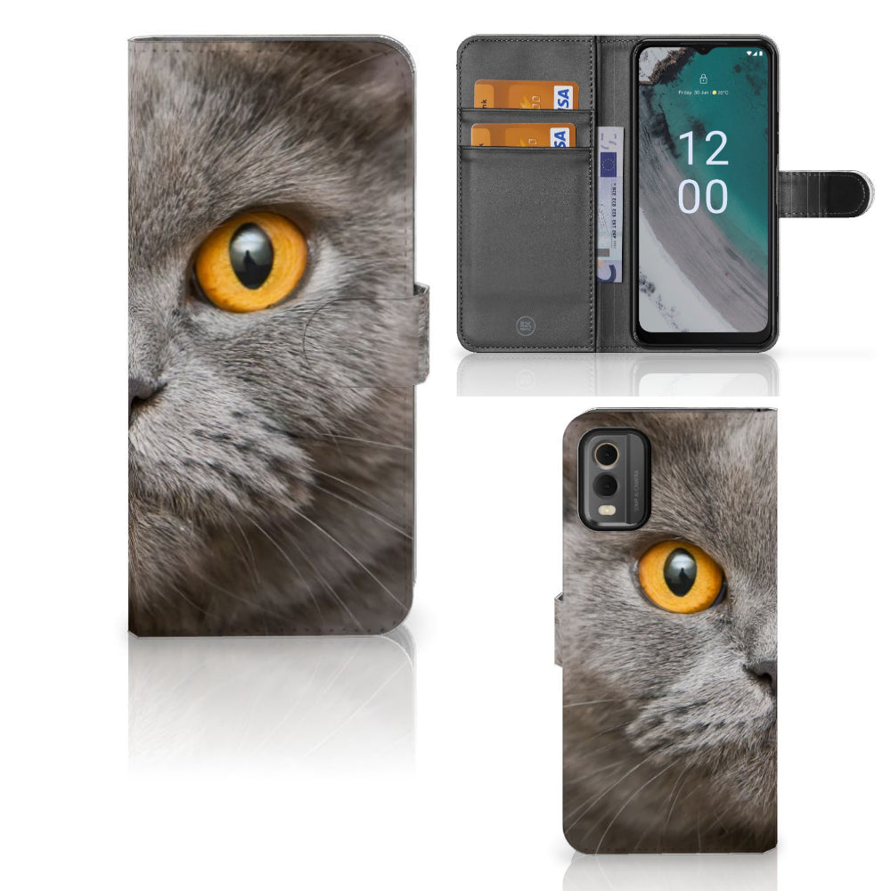 Telefoonhoesje met Pasjes Nokia C32 Britse Korthaar met close-up van een grijze kat met gouden ogen.