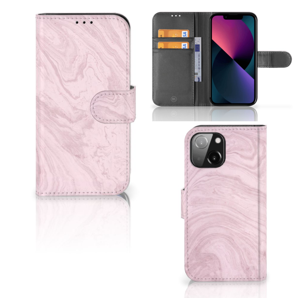 iPhone 13 Mini Bookcase Marble Pink - Origineel Cadeau Vriendin met luxe marmeren design.