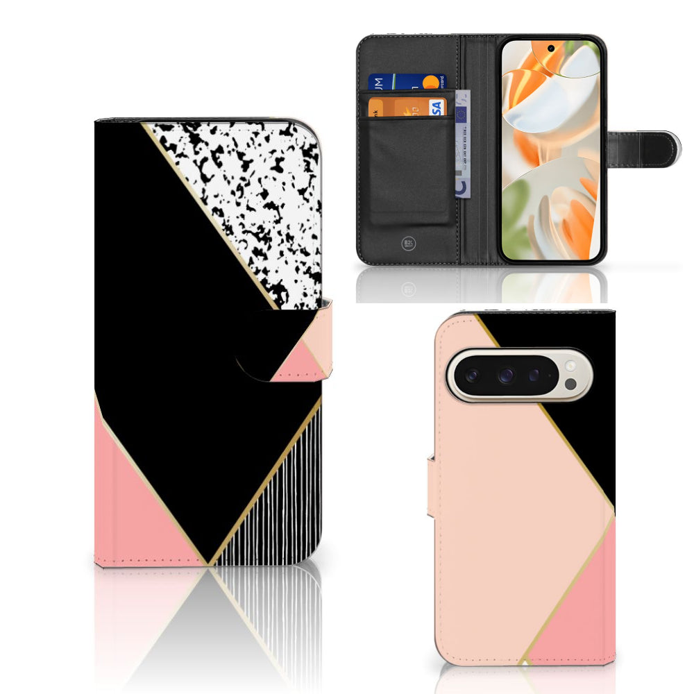 Google Pixel 9 | 9 Pro Book Case Zwart Roze Vormen