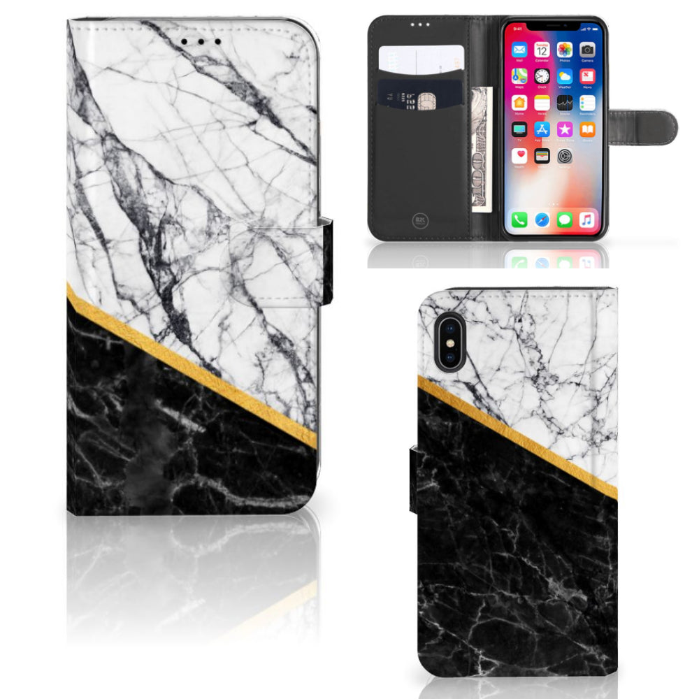 Apple iPhone Xs Max Bookcase Marmer Wit Zwart - Origineel Cadeau Man