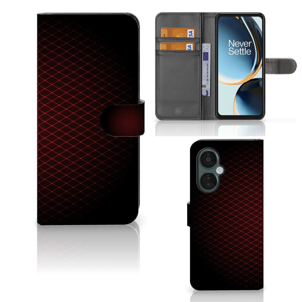 OnePlus Nord CE 3 Lite Telefoon Hoesje Geruit Rood met ruimte voor 3 pasjes en minimalistisch design.