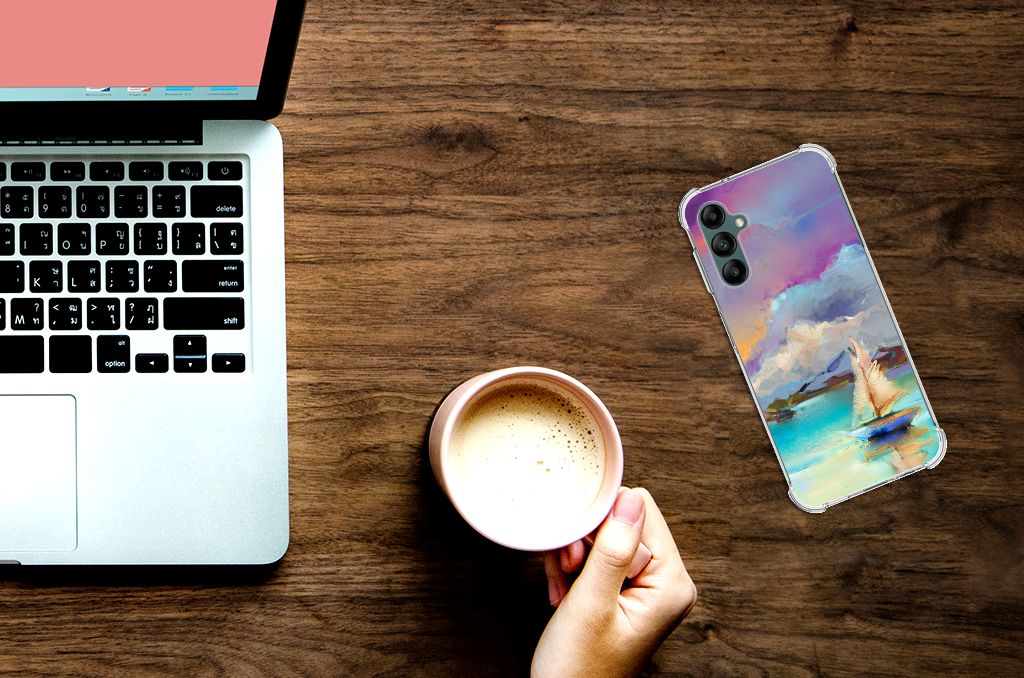 Back Cover Samsung Galaxy A14 5G/4G Boat displayed next to a laptop and coffee.