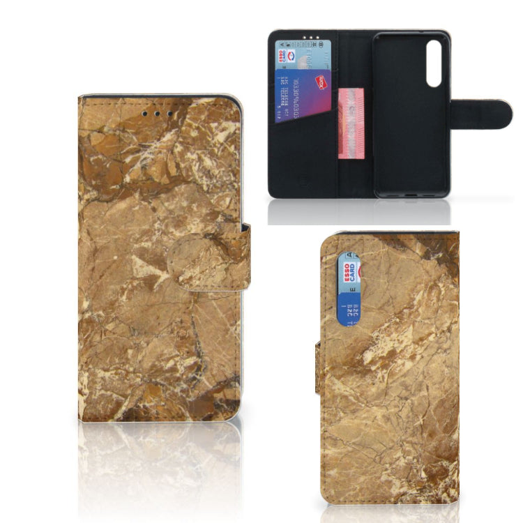Xiaomi Mi 9 SE Bookcase Marmer Creme met pasjes, luxe kunstleren hoes met marmerlook.