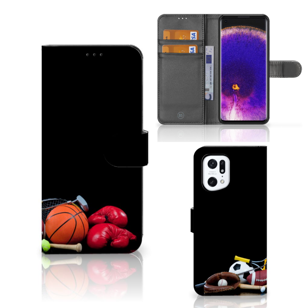 OPPO Find X5 Pro Wallet Case met Pasjes Sports met sportattributen zoals basketbal en bokshandschoenen