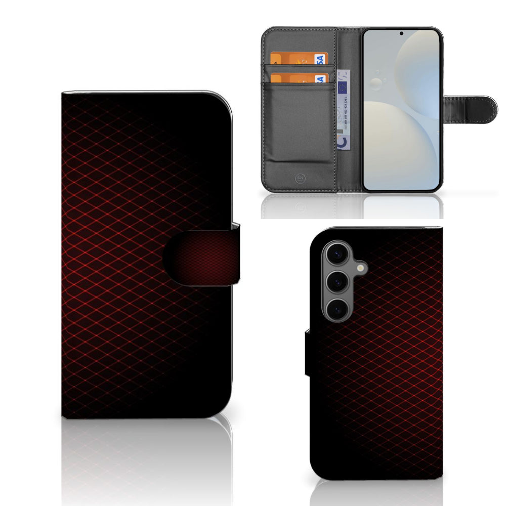 Samsung Galaxy S25 Telefoon Hoesje Geruit Rood met zwart-rode ruitpatroon en ruimte voor 3 pasjes.