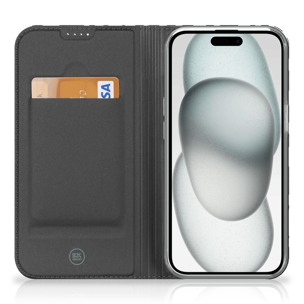 iPhone 15 Plus Hoesje maken Zebra met zwarte en witte zebra strepen en slimme opbergfunctie.
