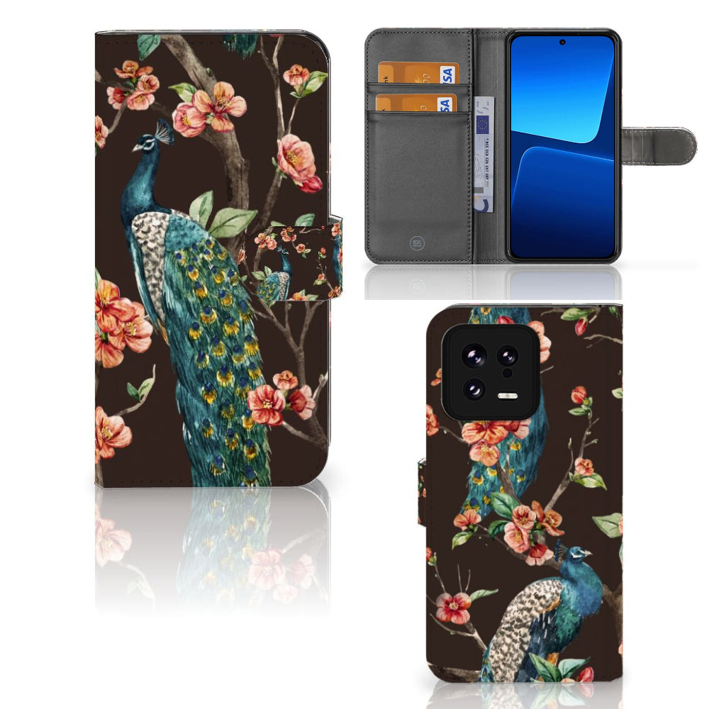 Xiaomi 13 Telefoonhoesje met Pasjes Pauw met Bloemen