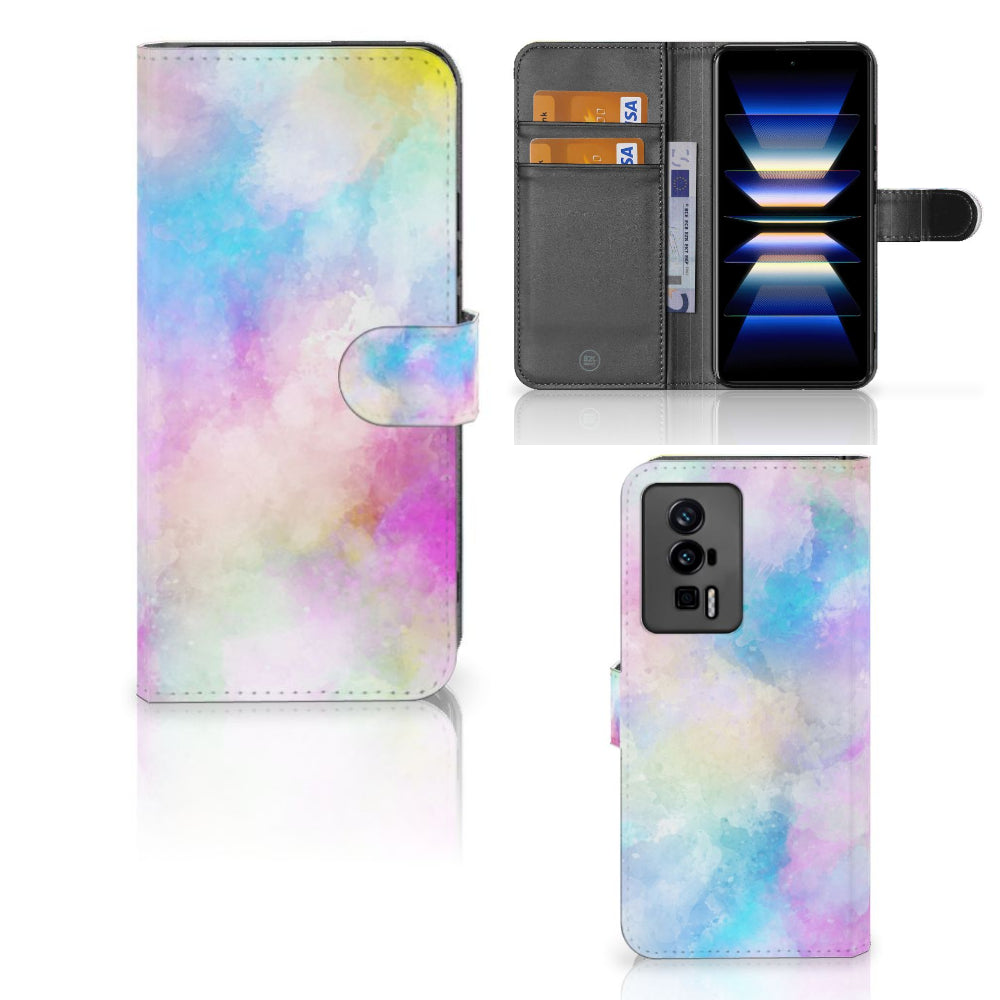 Hoesje Xiaomi Poco F5 Pro Watercolor Light met pastelkleuren en pasjeshouder, unieke watercolor uitstraling.