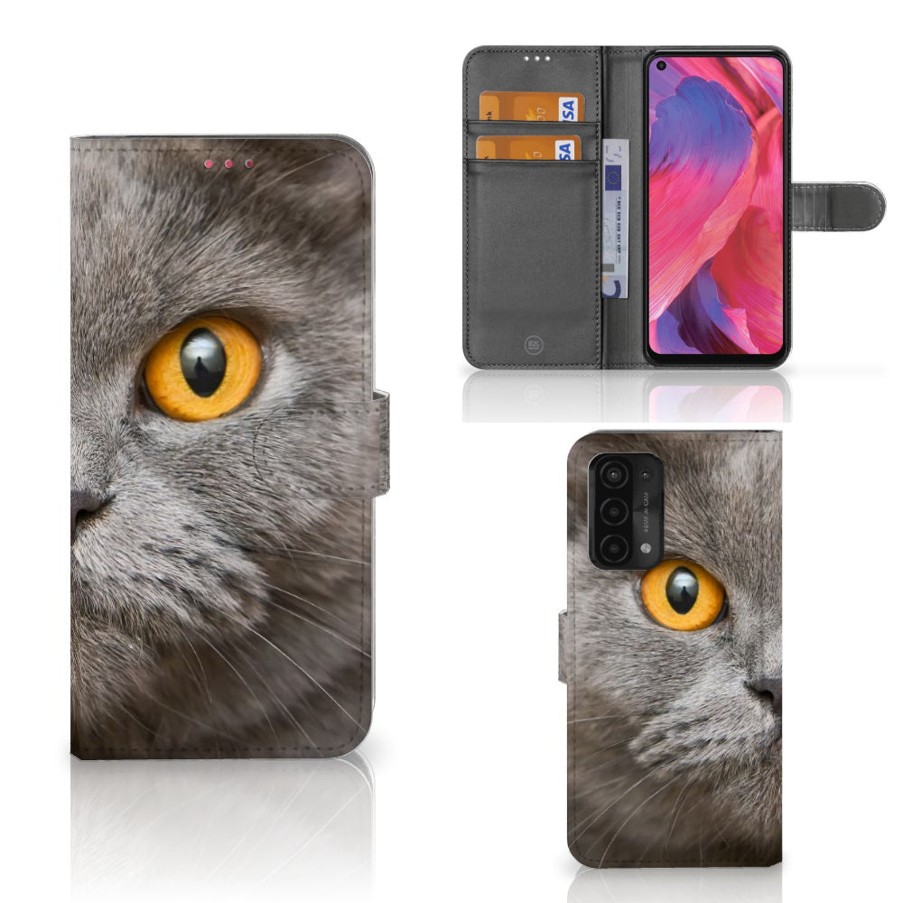 Telefoonhoesje met Pasjes OPPO A54 5G | A74 5G | A93 5G Britse Korthaar met indrukwekkende kat en pasjeshouder.