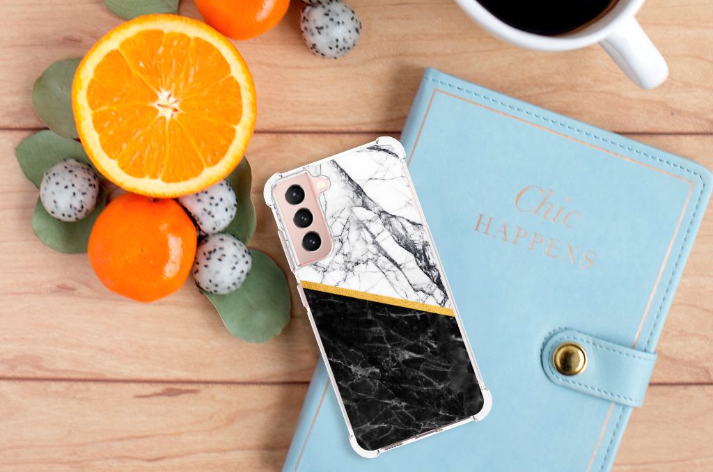Samsung Galaxy S21 FE Anti-Shock Hoesje Marmer Wit Zwart - Origineel Cadeau Man B2C Telecom