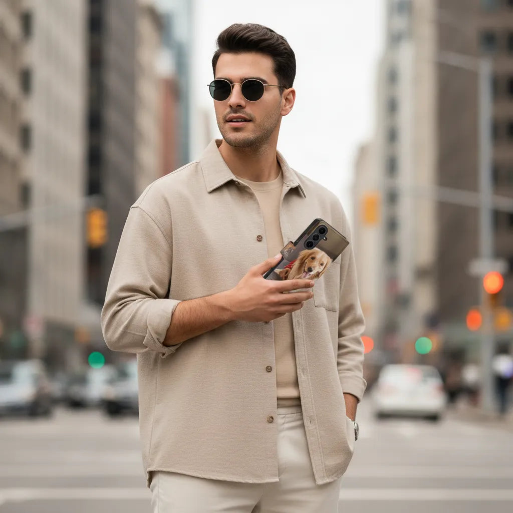 Man met Samsung Galaxy S26 FE hoesje ontwerpen met eigen foto