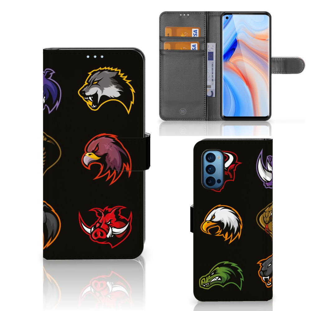 OPPO Reno 4 Pro 5G Leuk Hoesje Cartoon met diverse cartoonfiguren en slimme opbergvakken.