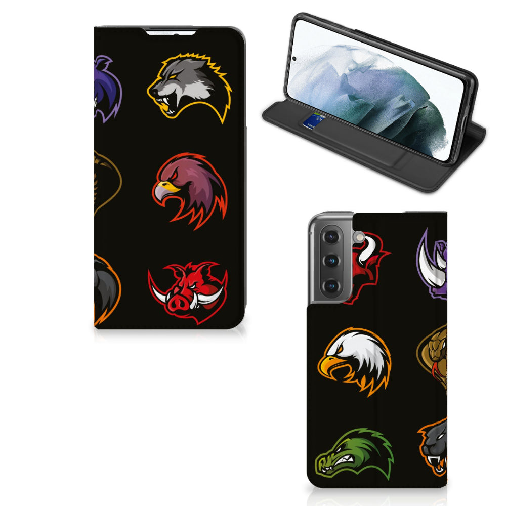 Samsung Galaxy S21 FE Magnet Case Cartoon with colorful animal designs on a black background